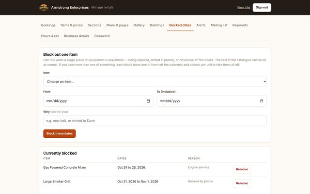 Armstrong Enterprises – Rentals — owner’s dashboard: Blocked dates (sample data)