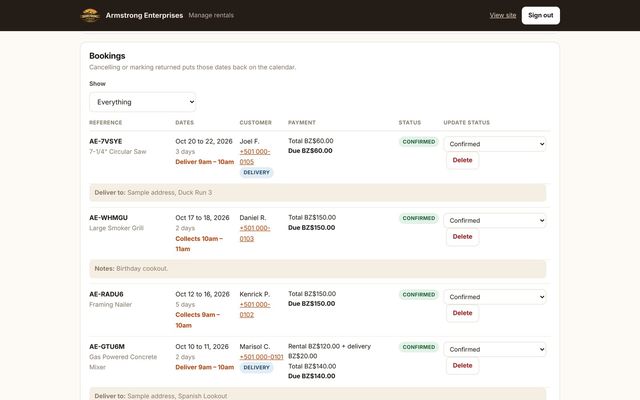 Armstrong Enterprises – Rentals — owner’s dashboard: Bookings (sample data)