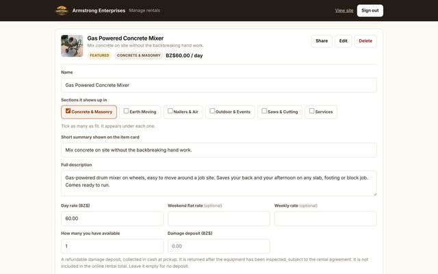 Armstrong Enterprises – Rentals — owner’s dashboard: Editing an item (sample data)