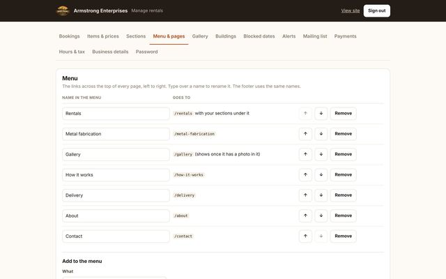 Armstrong Enterprises – Rentals — owner’s dashboard: Menu & pages (sample data)