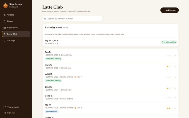 Star Brews — owner’s dashboard: Latte Club (sample data)
