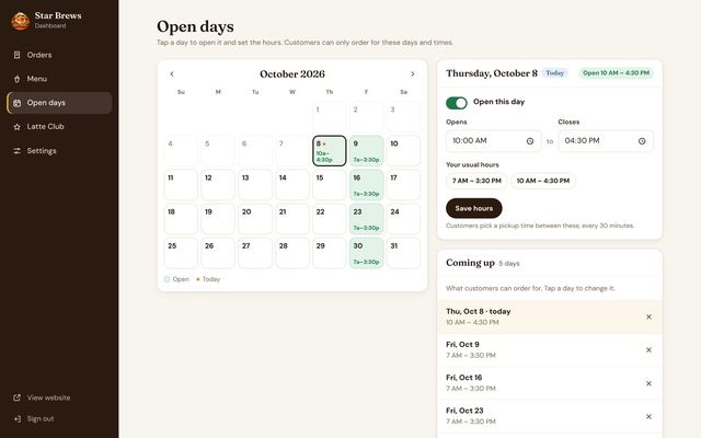 Star Brews — owner’s dashboard: Open days (sample data)