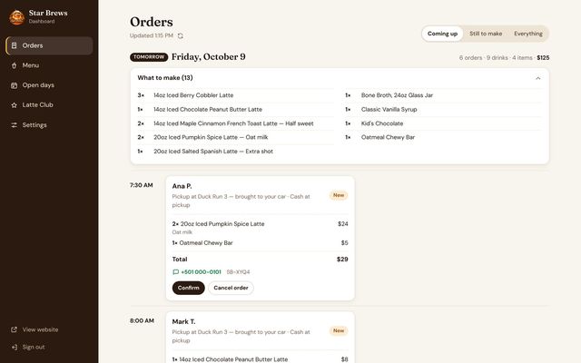 Star Brews — owner’s dashboard: Orders (sample data)