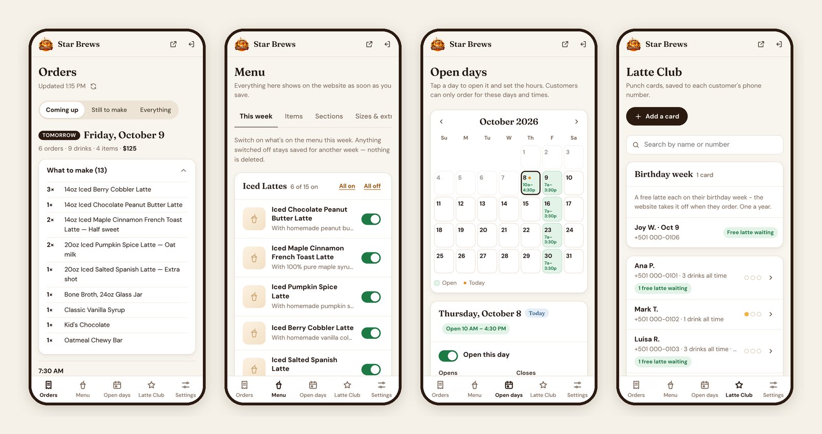 Star Brews — The same dashboard on her phone (sample data)