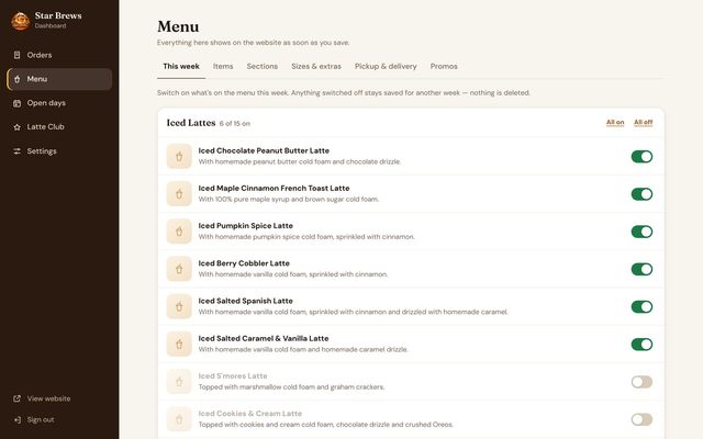 Star Brews — owner’s dashboard: This week's menu (sample data)